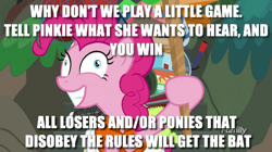 Size: 490x274 | Tagged: safe, imported from derpibooru, pinkie pie, bat, pony, derp, image macro, insanity, meme, pinkie derp, this will end in tears