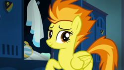 Size: 1280x720 | Tagged: safe, imported from derpibooru, screencap, spitfire, pegasus, pony, newbie dash, top bolt, cute, cutefire, female, locker room, mare, solo