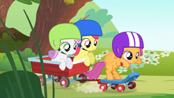 Size: 1280x721 | Tagged: safe, imported from derpibooru, apple bloom, scootaloo, sweetie belle, earth pony, pegasus, pony, unicorn, bipedal, bipedal leaning, blank flank, cute, cutie mark crusaders, female, filly, flapping, flapping wings, foal, helmet, leaning, scooter, smiling, spread wings, tree, wagon, wings