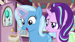 Size: 1280x720 | Tagged: safe, imported from derpibooru, screencap, starlight glimmer, trixie, pony, all bottled up, cinnamon nuts, cute, food, jewelry, levitation, magic, messy mane, raised eyebrow, saddle bag, stress, telekinesis