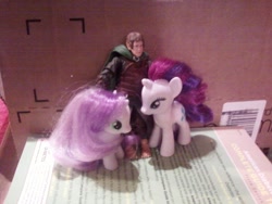Size: 1280x960 | Tagged: safe, imported from derpibooru, merry, rarity, sweetie belle, pony, action figure, brushable, hobbit, hug, irl, lord of the rings, meriadoc brandybuck, photo, toy