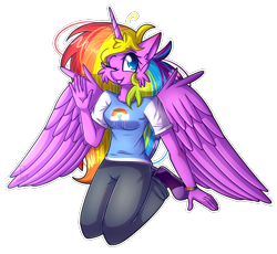 Size: 968x889 | Tagged: safe, artist:soundwavepie, imported from derpibooru, oc, oc only, oc:rainbow cloud, alicorn, anthro, alicorn oc, clothes, cute, female, one eye closed, pants, simple background, solo, transparent background, wink