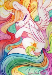Size: 1697x2444 | Tagged: safe, artist:cutepencilcase, imported from derpibooru, princess celestia, alicorn, pony, cute, cutelestia, cutie mark, female, long mane, mare, multicolored mane, multicolored tail, sleeping, smiling, solo, traditional art, watercolor painting, wings