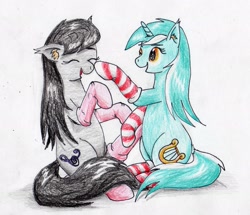 Size: 2279x1958 | Tagged: safe, artist:40kponyguy, derpibooru exclusive, imported from derpibooru, lyra heartstrings, octavia melody, earth pony, pony, unicorn, boop, clothes, cute, ear fluff, eyes closed, laughing, simple background, socks, striped socks, traditional art, white background