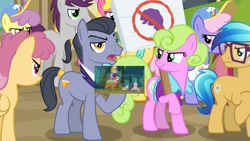 Size: 1920x1080 | Tagged: safe, edit, edited screencap, imported from derpibooru, screencap, cherry berry, daisy, diamond cutter, dizzy twister, flower wishes, lavender bloom, orange swirl, parasol, quantum leap (character), rainbowshine, rarity, roseluck, sunshower raindrops, sweetie belle, written script, earth pony, pegasus, pony, unicorn, fame and misfortune, sleepless in ponyville, angry, anti-rarity sign, background pony, bowtie, clothes, discovery family logo, down with rarity, fanponies, female, freckles, glasses, male, mare, outdoors, ponyville, protest, quantum leap, road, smiling, smirk, stallion