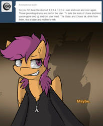 Size: 750x916 | Tagged: safe, artist:conmanwolf, imported from derpibooru, scootaloo, pegasus, pony, ask factory scootaloo, fanfic:rainbow factory, clothes, comic, factory scootaloo, shadow, static