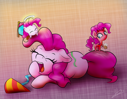 Size: 1280x1000 | Tagged: safe, artist:klemm, imported from derpibooru, pinkie pie, earth pony, pony, atg 2017, chibi, cute, diapinkes, eyes closed, female, mare, newbie artist training grounds, prone, shoulder angel, shoulder devil, simple background, sleepy, yawn
