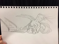 Size: 1280x960 | Tagged: safe, artist:imalou, imported from derpibooru, princess celestia, alicorn, pony, escalator, female, mare, sketch, sketches from a hat, solo, spread wings, stuck, this will end in tears, traditional art, wings