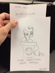 Size: 960x1280 | Tagged: safe, artist:bobdude0, imported from derpibooru, rarity, pony, unicorn, female, make america great again, make equestria great again, mare, parody, podium, sketch, sketches from a hat, solo, toupee, traditional art, wig