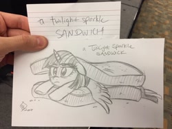 Size: 1280x960 | Tagged: safe, artist:whitediamonds, imported from derpibooru, twilight sparkle, alicorn, pony, female, food, mare, sandwich, sketch, sketches from a hat, solo, spread wings, traditional art, twilight is not amused, twilight sparkle (alicorn), twilight sparkle is not amused, unamused, wings