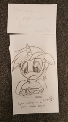 Size: 720x1280 | Tagged: safe, artist:whitediamonds, imported from derpibooru, lyra heartstrings, pony, unicorn, burger, crying, female, floppy ears, food, frown, hamburger, mare, sad, sketch, sketches from a hat, solo, traditional art