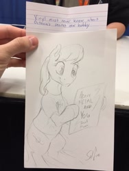 Size: 960x1280 | Tagged: safe, artist:silfoe, imported from derpibooru, octavia melody, earth pony, pony, bipedal, clothes, female, mare, monochrome, sheet music, shirt, sketch, sketches from a hat, solo, t-shirt, traditional art