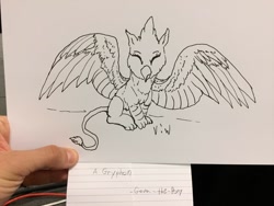 Size: 1280x960 | Tagged: safe, artist:viwrastupr, imported from derpibooru, griffon, eyes closed, sketch, sketches from a hat, smiling, solo, traditional art