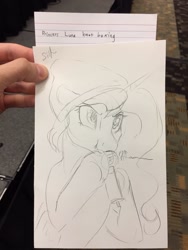 Size: 960x1280 | Tagged: safe, artist:silfoe, imported from derpibooru, princess luna, alicorn, pony, beat boxing, beatboxing, female, hat, mare, microphone, monochrome, sketch, sketches from a hat, solo, traditional art