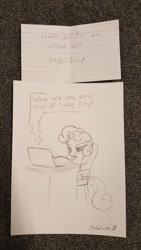 Size: 720x1280 | Tagged: safe, artist:bobdude0, imported from derpibooru, sweetie belle, pony, unicorn, computer, female, filly, laptop computer, sketch, sketches from a hat, solo, traditional art, trolling