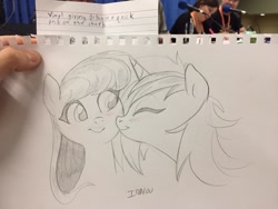 Size: 1280x960 | Tagged: safe, artist:imalou, imported from derpibooru, dj pon-3, octavia melody, vinyl scratch, earth pony, pony, unicorn, blushing, cute, female, kissing, lesbian, mare, scratchtavia, shipping, sketch, sketches from a hat, tavibetes, traditional art, vinylbetes