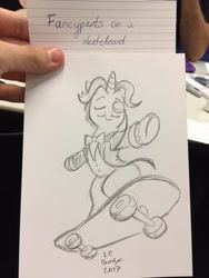 Size: 960x1280 | Tagged: safe, artist:latecustomer, imported from derpibooru, fancypants, pony, unicorn, eyes closed, fabulous, male, skateboard, sketch, sketches from a hat, solo, stallion, traditional art