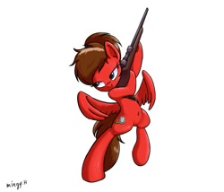 Size: 700x600 | Tagged: safe, artist:mingy.h, imported from derpibooru, oc, oc only, oc:bottle coke, pegasus, pony, belly button, flying, gun, request, simple background, solo, weapon, white background