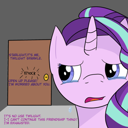Size: 1024x1024 | Tagged: safe, artist:freshlypositive, imported from derpibooru, starlight glimmer, pony, unicorn, atg 2017, crying, dialogue, door, female, implied twilight sparkle, knocking, newbie artist training grounds, solo
