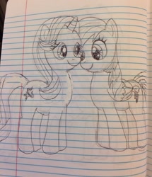 Size: 1103x1280 | Tagged: safe, artist:rainboom31, imported from derpibooru, rainbow dash, starlight glimmer, pegasus, pony, unicorn, grayscale, lined paper, monochrome, notebook, photo, sketch, smiling, traditional art
