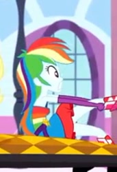 Size: 309x453 | Tagged: safe, imported from derpibooru, screencap, rainbow dash, eqg summertime shorts, equestria girls, make up shake up, armpits, bare shoulders, belt, boots, clothes, cropped, dress, fall formal outfits, female, gritted teeth, grunt, shoes, sleeveless, solo, teeth