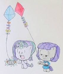Size: 617x724 | Tagged: safe, artist:pippiminafowell, imported from derpibooru, maud pie, starlight glimmer, earth pony, pony, unicorn, chibi, cute, duo, glimmerbetes, glowing horn, kite, kite flying, maudabetes, peanuts, style emulation, traditional art