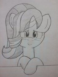 Size: 900x1200 | Tagged: safe, artist:inkhamster, imported from derpibooru, starlight glimmer, pony, unicorn, blushing, female, monochrome, smiling, solo, traditional art