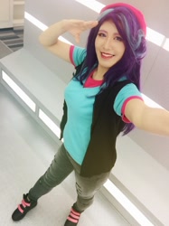 Size: 899x1200 | Tagged: safe, artist:nyakopp, artist:nyakoppp, imported from derpibooru, starlight glimmer, human, equestria girls, beanie, clothes, cosplay, costume, female, hat, irl, irl human, japanese, photo, salute, solo