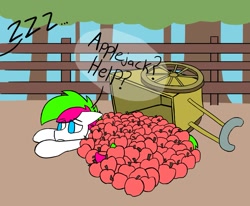 Size: 1503x1241 | Tagged: safe, artist:neonhuo, imported from derpibooru, oc, oc only, oc:neon streak, pony, apple, atg 2017, cart, food, newbie artist training grounds, prone, solo