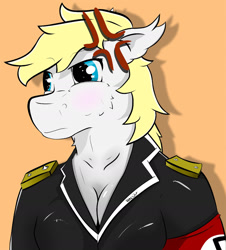 Size: 1280x1414 | Tagged: safe, artist:rene-owen, imported from derpibooru, oc, oc only, oc:aryanne, anthro, austria, clothes, cross-popping veins, female, german, nazi, nazi armband, satire, simple background, solo, uniform