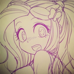 Size: 800x800 | Tagged: safe, artist:uotapo, imported from derpibooru, fluttershy, equestria girls, blushing, breasts, cute, female, hairpin, monochrome, shyabetes, sideboob, solo, wip