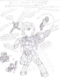 Size: 1024x1325 | Tagged: safe, artist:lordarcheronvolistad, imported from derpibooru, trixie, twilight sparkle, pony, armor, cato sicarius, energy weapon, if the emperor had a text-to-speech device, librarian, magnus the red, plasma pistol, power armor, power sword, primarch, psyker, sketch, space marine, ultramarine, ultrasmurf, varro tigurius, warhammer (game), warhammer 40k, weapon