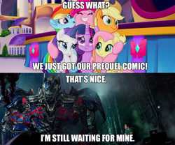 Size: 1024x850 | Tagged: safe, edit, edited screencap, idw, imported from derpibooru, screencap, applejack, fluttershy, pinkie pie, rainbow dash, rarity, twilight sparkle, alicorn, my little pony: the movie, clash of hasbro's titans, comic, mane six, mark wahlberg, optimus prime, text, transformers, transformers age of extinction, twilight sparkle (alicorn)