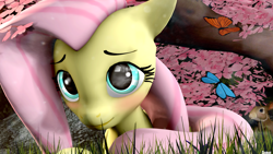 Size: 1920x1080 | Tagged: safe, artist:blackfalcon8, imported from derpibooru, fluttershy, butterfly, pony, rabbit, 3d, blushing, cute, female, forest, poster, rock, shyabetes, solo, source filmmaker