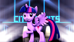 Size: 1920x1080 | Tagged: safe, artist:grootoportunities, imported from derpibooru, twilight sparkle, alicorn, pony, 3d, female, lights, looking at you, pose, poster, smiling, solo, source filmmaker, spread wings, twilight sparkle (alicorn), wings