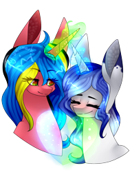 Size: 998x1299 | Tagged: safe, artist:alithecat1989, imported from derpibooru, oc, oc only, oc:ali, oc:olivia, pony, unicorn, eyes closed, female, glowing horn, lesbian, mare, oc x oc, shipping, simple background, transparent background