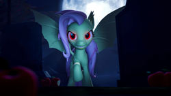 Size: 1920x1080 | Tagged: safe, artist:ladynina10, imported from derpibooru, fluttershy, bat pony, pony, 3d, apple, fangs, female, flutterbat, food, full moon, looking at you, moon, night, poster, race swap, red eyes, solo, source filmmaker, spread wings, wings