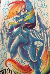 Size: 540x789 | Tagged: safe, artist:ihasjessie-kat, imported from derpibooru, rainbow dash, pegasus, pony, female, grin, mare, multicolored hair, smiling, solo, traditional art