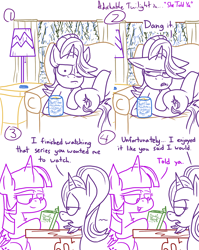 Size: 1280x1611 | Tagged: safe, artist:adorkabletwilightandfriends, imported from derpibooru, starlight glimmer, twilight sparkle, alicorn, pony, unicorn, comic:adorkable twilight and friends, adorkable twilight, armchair, book, chair, comic, dialogue, floppy ears, food, lamp, lidded eyes, lineart, peanut butter, rain, slice of life, smiling, table, twilight sparkle (alicorn), watching tv