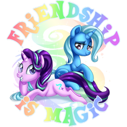 Size: 894x894 | Tagged: safe, artist:arcadianphoenix, artist:drawponies, imported from derpibooru, starlight glimmer, trixie, pony, unicorn, commission, duo, female, friendship, looking at you, mare, prone, simple background, sitting, smiling, title drop, transparent background