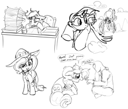 Size: 1280x1090 | Tagged: safe, artist:dotkwa, imported from derpibooru, mayor mare, pinkie pie, scootaloo, trixie, oc, oc:anon, pony, boop, grayscale, human and pony, monochrome, sketch, sketch dump, starry eyes, wingding eyes