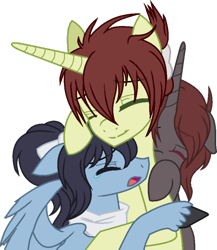 Size: 600x692 | Tagged: safe, artist:aishiranfeather, artist:t-aroutachiikun, imported from derpibooru, pegasus, pony, unicorn, base used, hakuouki, hug, kashuu kiyomitsu, male, ponified, simple background, souji okita, stallion, touken ranbu, transparent background, yamato no kami yasusada