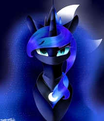 Size: 900x1052 | Tagged: safe, artist:purediamond360, imported from derpibooru, nightmare moon, princess luna, pony, bust, duality, night, portrait