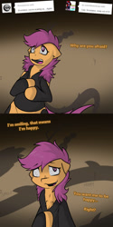 Size: 750x1500 | Tagged: safe, artist:conmanwolf, imported from derpibooru, scootaloo, pegasus, pony, ask factory scootaloo, fanfic:rainbow factory, clothes, comic, factory scootaloo, floppy ears, shadow, static