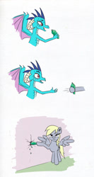 Size: 732x1378 | Tagged: safe, artist:el-yeguero, imported from derpibooru, derpy hooves, princess ember, dragon, pegasus, pony, triple threat, angry, comic, derpy hooves is not amused, duo, gem, revenge, simple background, spread wings, the tables have turned, unamused, wings