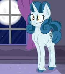 Size: 1606x1842 | Tagged: safe, alternate version, artist:paskanaakka, derpibooru exclusive, imported from derpibooru, oc, oc only, oc:cerulean swirls, pony, unicorn, chest fluff, colored hooves, curtains, ear fluff, eyeshadow, female, full moon, leg fluff, makeup, mare, moon, night, smiling, smirk, solo, stars, window
