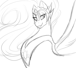 Size: 2500x2250 | Tagged: safe, artist:sunlover, imported from derpibooru, daybreaker, alicorn, pony, a royal problem, fangs, female, looking back, mare, monochrome, simple background, sketch, smiling, solo, white background