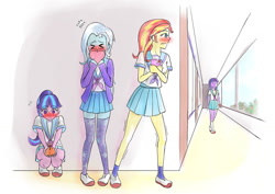 Size: 1024x724 | Tagged: safe, artist:8sseldne, imported from derpibooru, starlight glimmer, sunset shimmer, trixie, twilight sparkle, equestria girls, blushing, blushing profusely, chocolate, clothes, counterparts, crush, female, food, holiday, implied lesbian, lesbian, notice me senpai, school uniform, shipping, skirt, sunsetsparkle, twilight sparkle gets all the mares, twilight's counterparts, twistarlight, twixie, valentine's day