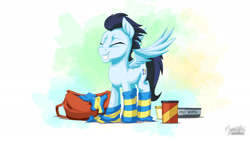 Size: 1920x1080 | Tagged: safe, artist:mysticalpha, imported from derpibooru, soarin', pony, baby wipes, bag, can, clothes, eyes closed, male, smiling, socks, solo, striped socks