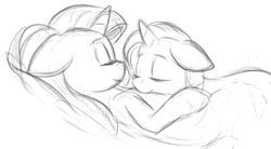 Size: 1125x621 | Tagged: safe, artist:grissaecrim, artist:raikoh, imported from derpibooru, starlight glimmer, trixie, pony, unicorn, duo, female, grayscale, lesbian, mare, monochrome, shipping, sketch, sleeping, startrix